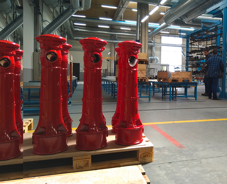 AVK above-ground hydrants on a pallet in the factory