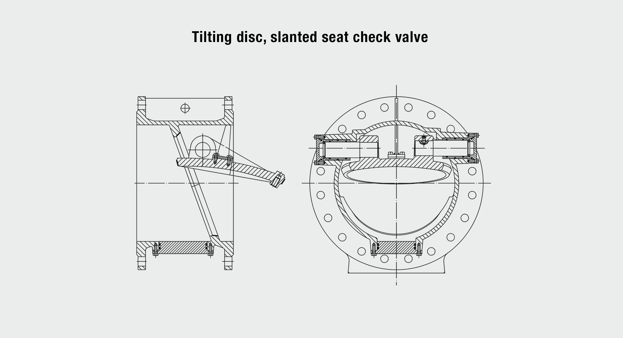 Product drawing of AVK tilting disc, slanted seat check valve