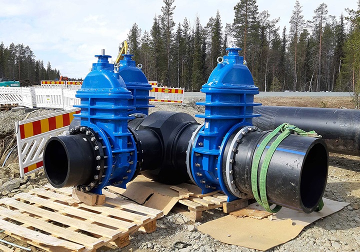 Large AVK valves installed with pipes, Finland, Agnico Eagle project