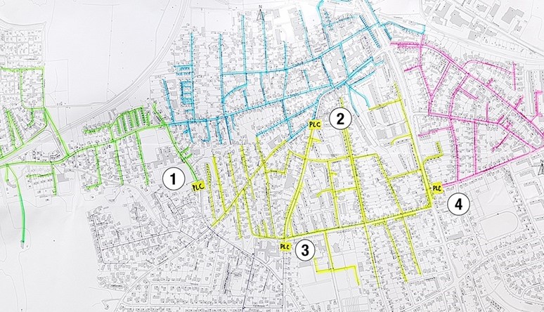 Map of the sections at Strømmen Vandværk in Randers, Denmark
