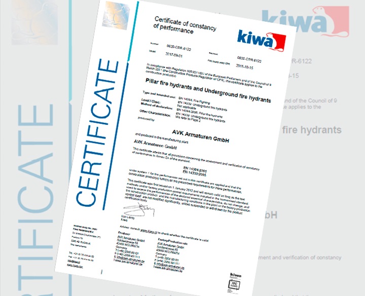 AVK Kiwa approval for pillar fire hydrants and underground fire hydrants
