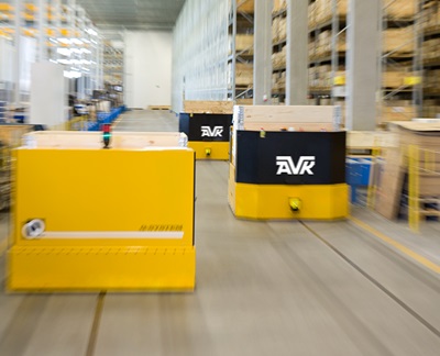 AGVs inside the distribution centre at AVK International in Skovby, Denmark